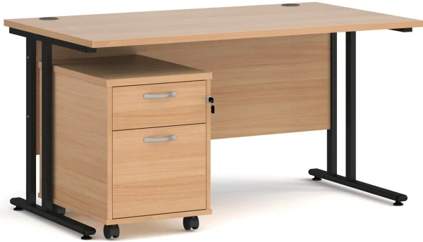 Dams Maestro 25 Rectangular Desk with Twin Canitlever Legs and 2 Drawer Mobile Pedestal - 1400 x 800mm - Beech