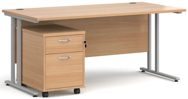 Dams Maestro 25 Rectangular Desk with Twin Canitlever Legs and 2 Drawer Mobile Pedestal - 1600 x 800mm - Beech