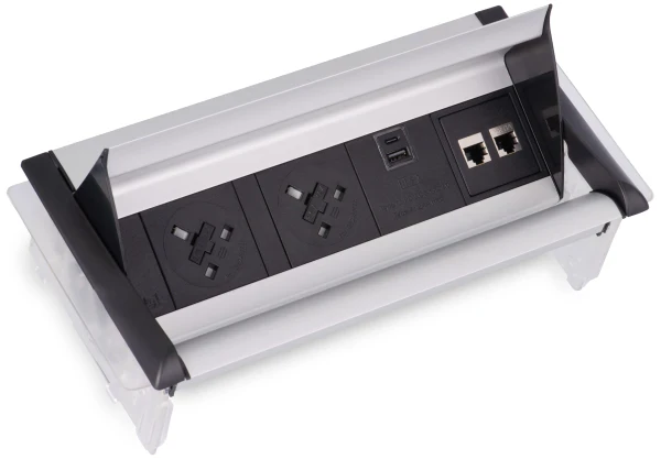 ABL Aero Flip Power Module - 2 Mains Power, 1 USB A+C Charger, 1 IMP Slot - Silver Body - Black