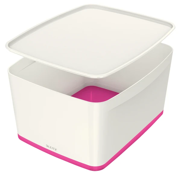 Leitz Mybox Wow Large With Lid, Storage Box 18 Litre, W 318 X H 198 X D 385 Mm. White/pink - Outer Carton Of 4