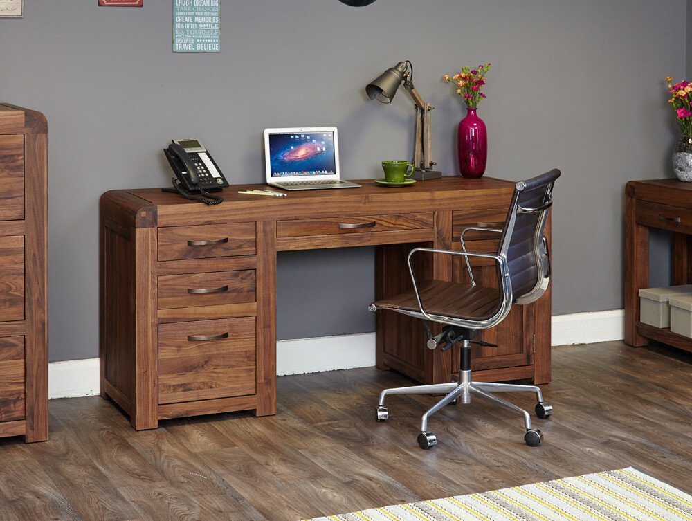 Shiro Walnut Twin Pedestal Computer Desk - Office Furniture Direct
