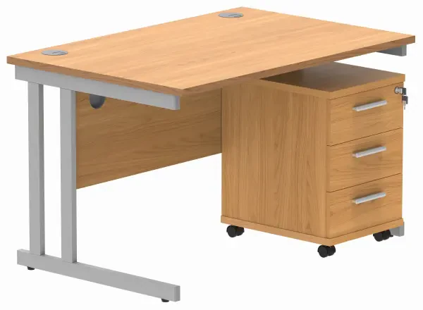 Gala Rectangular Desk - 1200mm x 800mm & 3 Drawer Mobile Under Desk Pedestal - Norwegian Beech