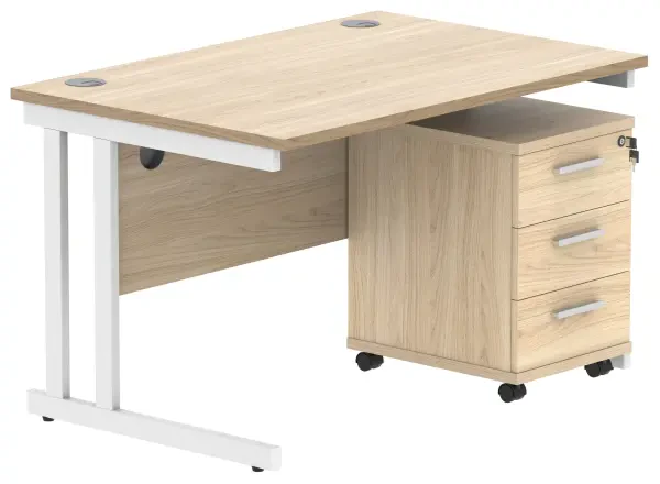 Gala Rectangular Desk - 1200mm x 800mm & 3 Drawer Mobile Under Desk Pedestal - Canadian Oak