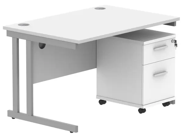 Gala Rectangular Desk - 1200mm x 800mm & 2 Drawer Mobile Under Desk Pedestal - Arctic White