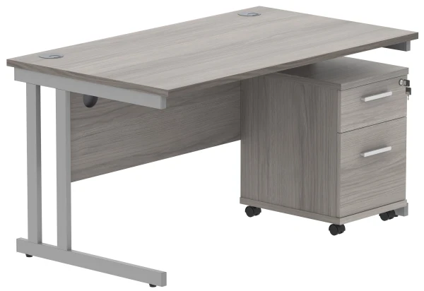 Gala Rectangular Desk - 1400mm x 800mm & 2 Drawer Mobile Under Desk Pedestal - Alaskan Grey Oak