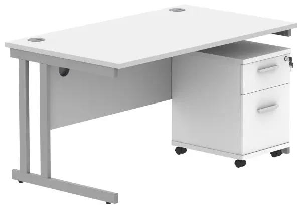 Gala Rectangular Desk - 1400mm x 800mm & 2 Drawer Mobile Under Desk Pedestal - Arctic White