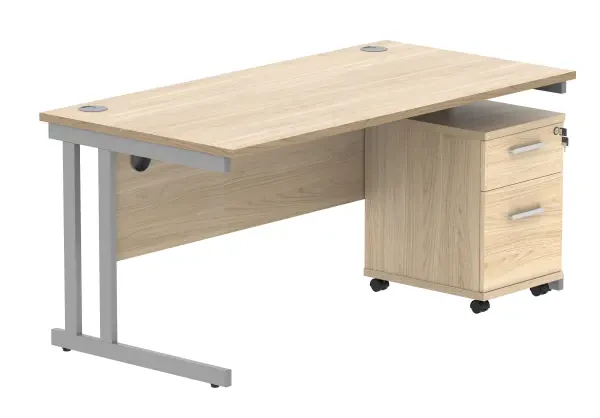 Gala Rectangular Desk - 1600mm x 800mm & 2 Drawer Mobile Under Desk Pedestal - Canadian Oak