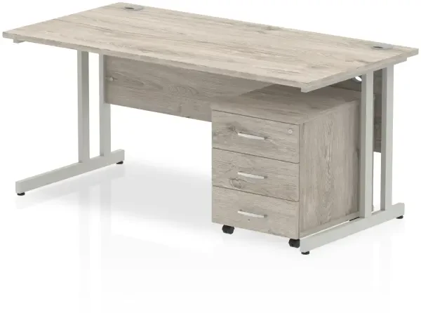 Dynamic Impulse Rectangular Desk with Cantilever Legs and 3 Drawer Mobile Pedestal - 1600mm x 800mm - Grey oak