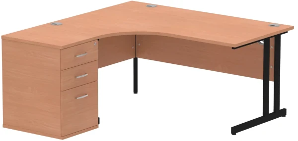 Dynamic Impulse Corner Desk with Cantilever Leg and 600mm Fixed Pedestal - 1400 x 1200mm - Beech