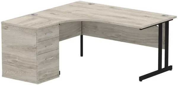 Dynamic Impulse Corner Desk with Cantilever Leg and 600mm Desk High Pedestal - 1400 x 1200mm - Grey oak