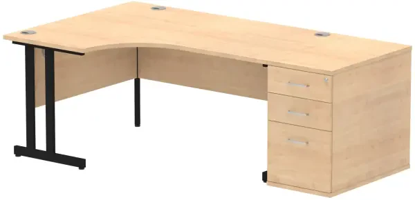 Dynamic Impulse Corner Desk with Cantilever Legs and 800mm Desk High Pedestal - 1600 x 1200mm - Maple