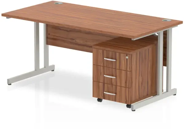 Dynamic Impulse Rectangular Desk with Cantilever Legs and 3 Drawer Mobile Pedestal - 1600mm x 800mm - Walnut