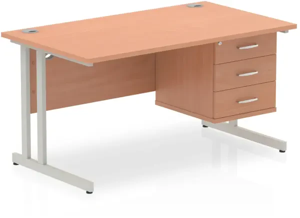 Dynamic Impulse Office Desk with 3 Drawer Fixed Pedestal - 1400 x 800mm - Beech