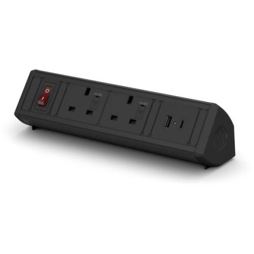 Metalicon Boost Power Module - 2 Mains Power Sockets, 1 USB-A, 1 USB-C Charge Socket - Black