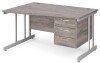 Gentoo Wave Desk with 3 Drawer Pedestal and Double Upright Leg 1400 x 990mm - Grey Oak