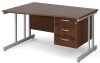 Gentoo Wave Desk with 3 Drawer Pedestal and Double Upright Leg 1400 x 990mm - Walnut
