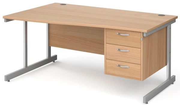 Gentoo Wave Desk with 3 Drawer Pedestal and Single Upright Leg 1600 x 990mm - Beech