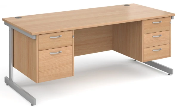 Gentoo Rectangular Desk with Single Cantilever Legs, 2 and 3 Drawer Fixed Pedestals - 1800mm x 800mm - Beech