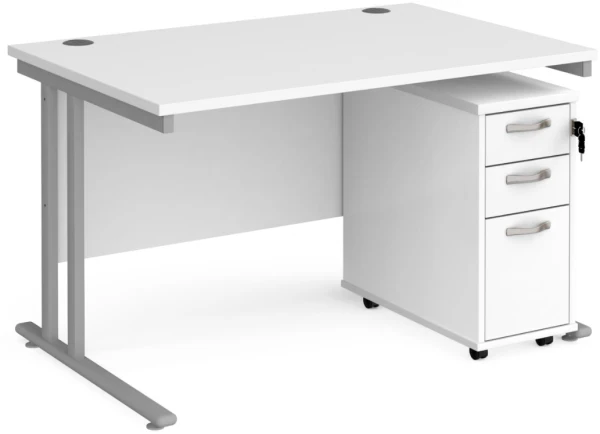 Dams Maestro 25 Straight Desk 1200 x 800mm With Silver Cantilever Leg Frame And Tall Slimline 3 Drawer Mobile Pedestal - White