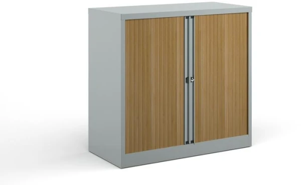Bisley Systems Storage Low Tambour Cupboard - 1015mm - Silver with Beech Doors
