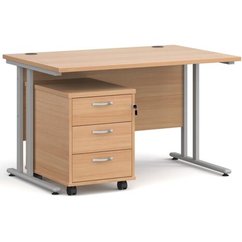 Dams Maestro 25 Rectangular Desk with Twin Cantilever Legs and 3 Drawer Mobile Pedestal - 1200 x 800mm - Beech